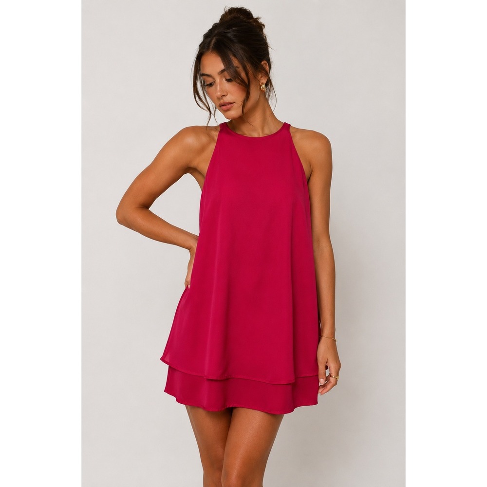 Lila Rose Dress Size12 Lipstick Pink A-line Layered Split Back Feminine